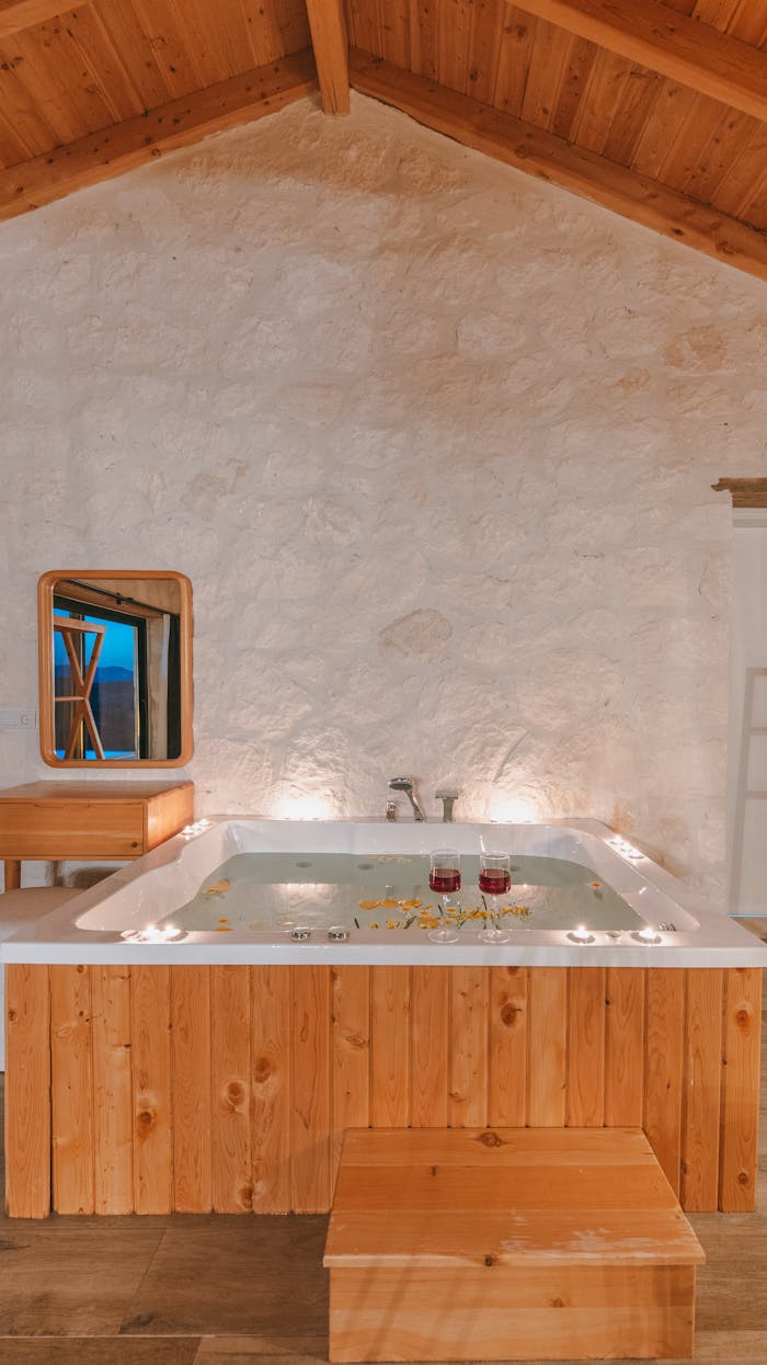 Glasses of Wine on the Edge of the Hot Tub in the Resort Room